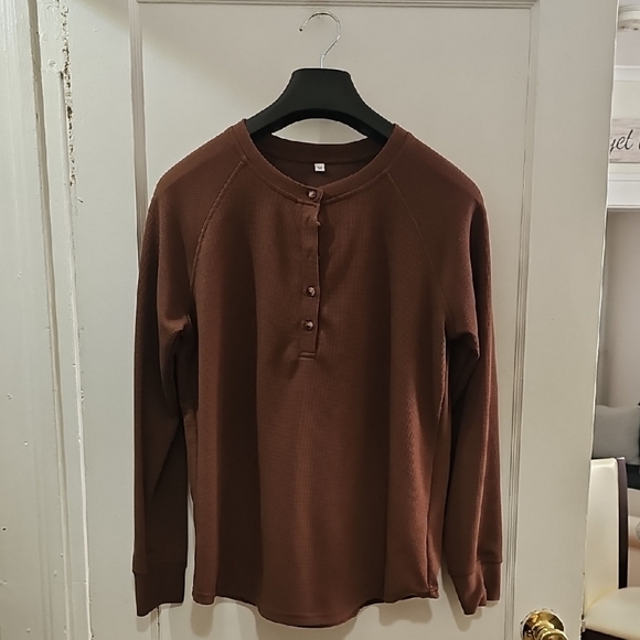 Tops - Casual Brown Thermal Button-Up Henley Top